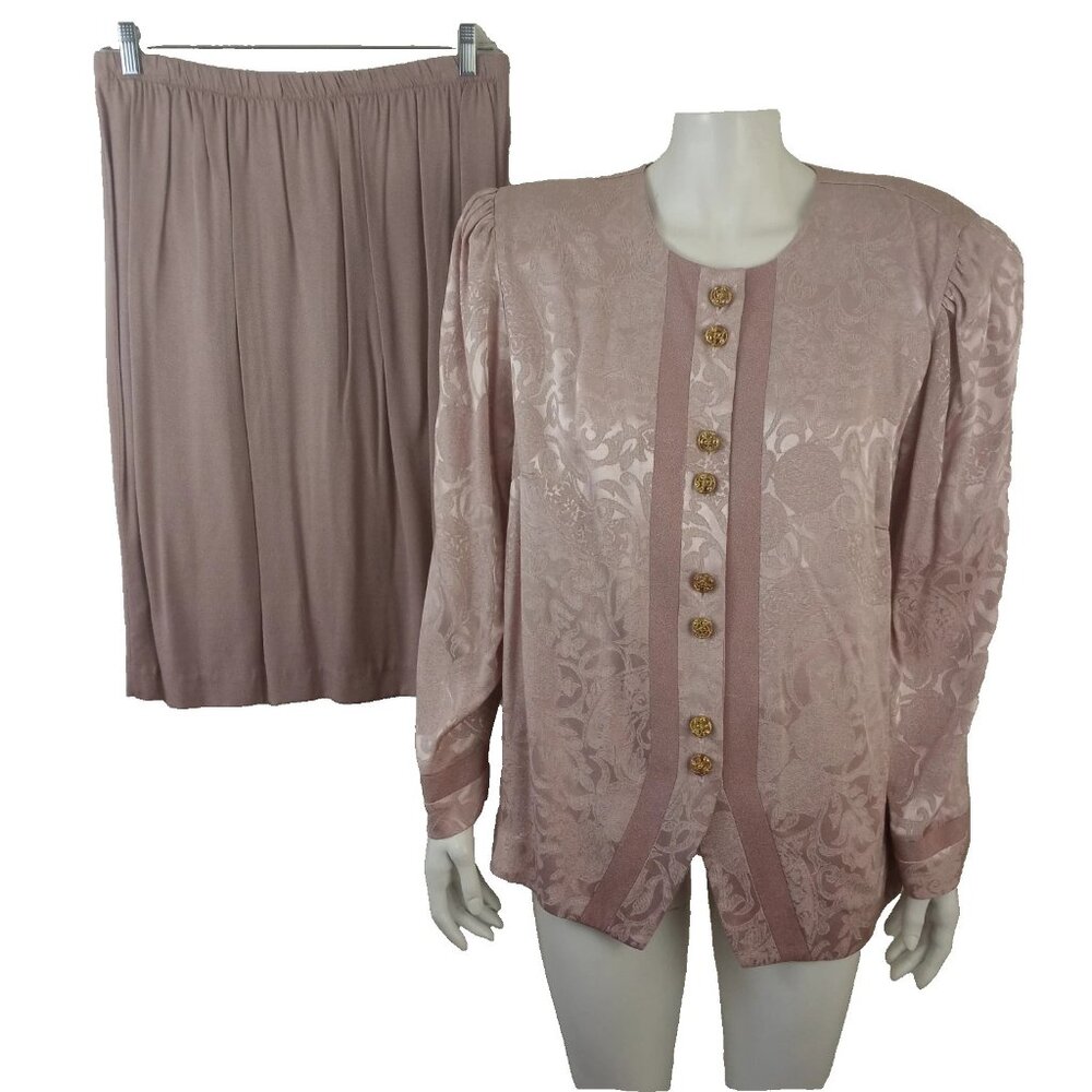 Vintage Tracy Richards Pink Two Piece Damask Skirt Suit Set Women's Petites